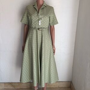 Gucci Mint Green Mid-Length Gabardine Dress Elegant Belted Dress Women’s Size 38
